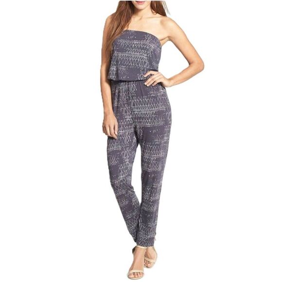 Felicity & Coco Strapless Geometric Pattern Dark Gray Jumpsuit - Picture 1 of 10